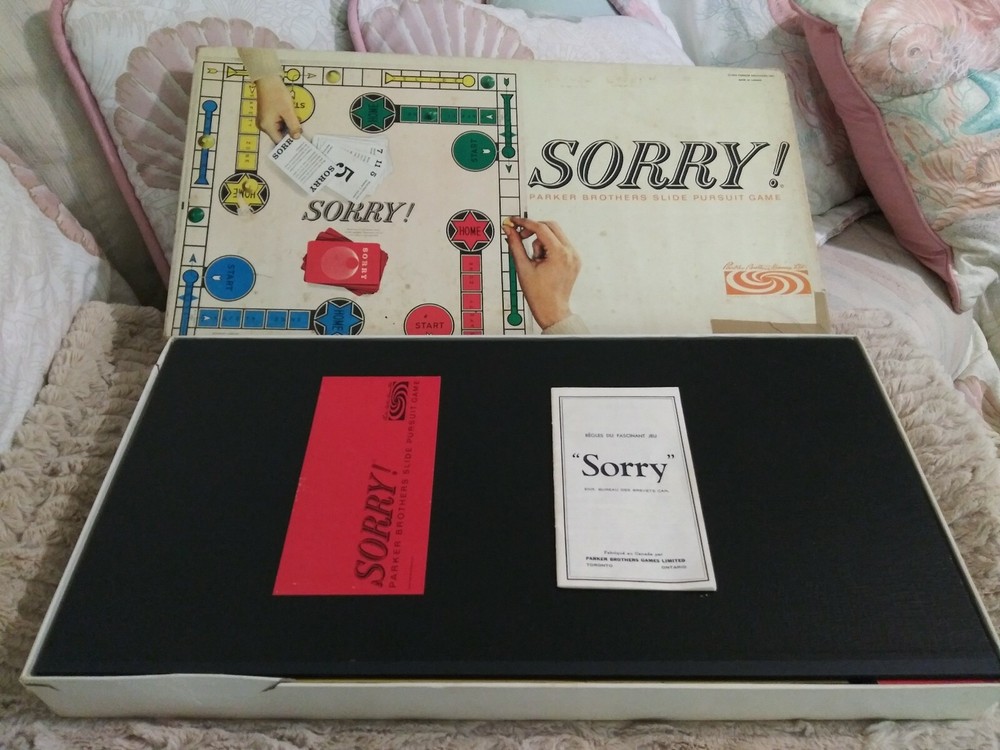 Vtge P.B. SORRY Slide Pursuit Board Game-1964 Complete Bi-lingual Inst.