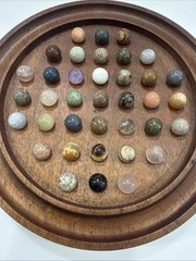 Vintage Wooden Solitaire Game with 37 Semi-Precious Stone Marbles