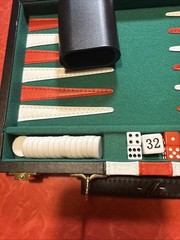 Backgammon Game 8 1/4″ x 11″ Green Red White in Black Travel Case Missing 1 Chip