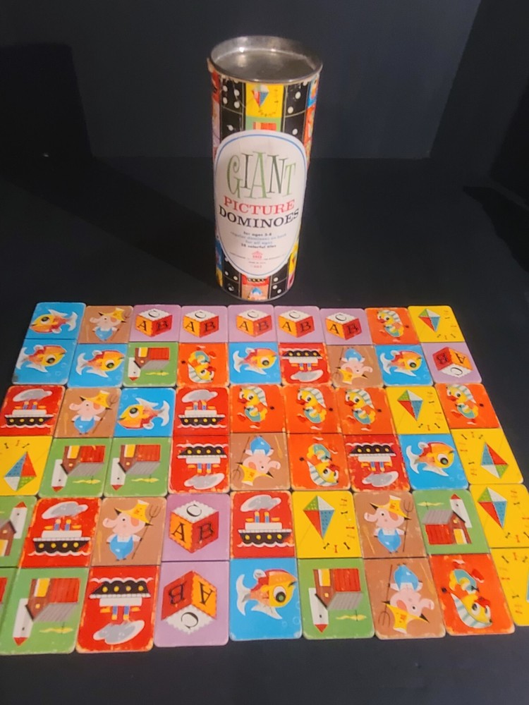 Vintage Jumbo Picture Dominoes Game Toy Pieces in Cardboard Canister (MISSING 1)