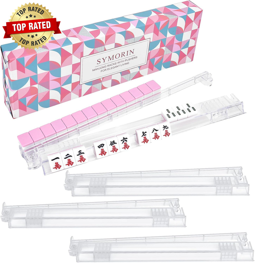 Non-Slip Mahjong Racks with Pushers, 4-Pack Clear Acrylic Racks, American Mahjon