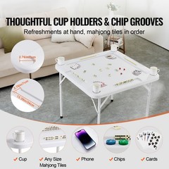 Uimoso Mahjong Table 4Player Folding Card Table & 4 Cup Holders Chip Trays White