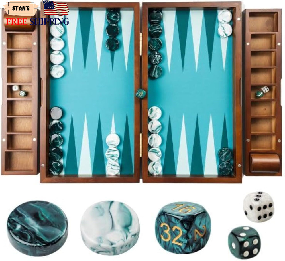 Large Backgammon Sets for Adults, Green Backgammon Board, Solid Wood 20 Inch NEW