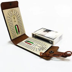 Traditional Cribbage Board Game Leather Storage Folding Classic Playing Cards