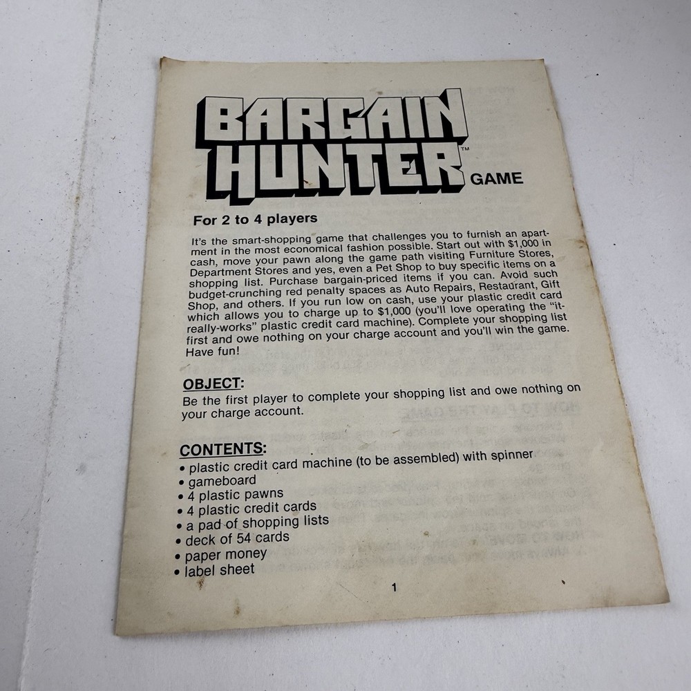 Vintage Bargain Hunter Board Game Replacement Instruction Manual ONLY