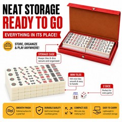 Travel Mini Mahjong Set 144 Tiles 2 Dice Red Carry Case Family Tabletop Game Toy