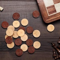 48 Pcs Wooden Checker Pieces with Stackable Ridge In Drawstring Storage Pouch