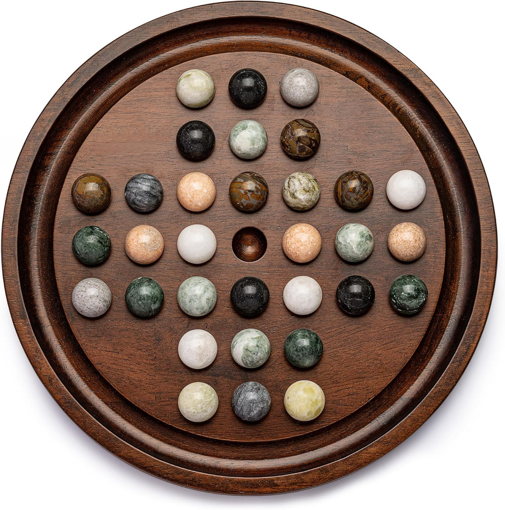 Deluxe Solitaire Game Set: 12.6” Solid Wooden Board, 32 Natural Marble Balls,