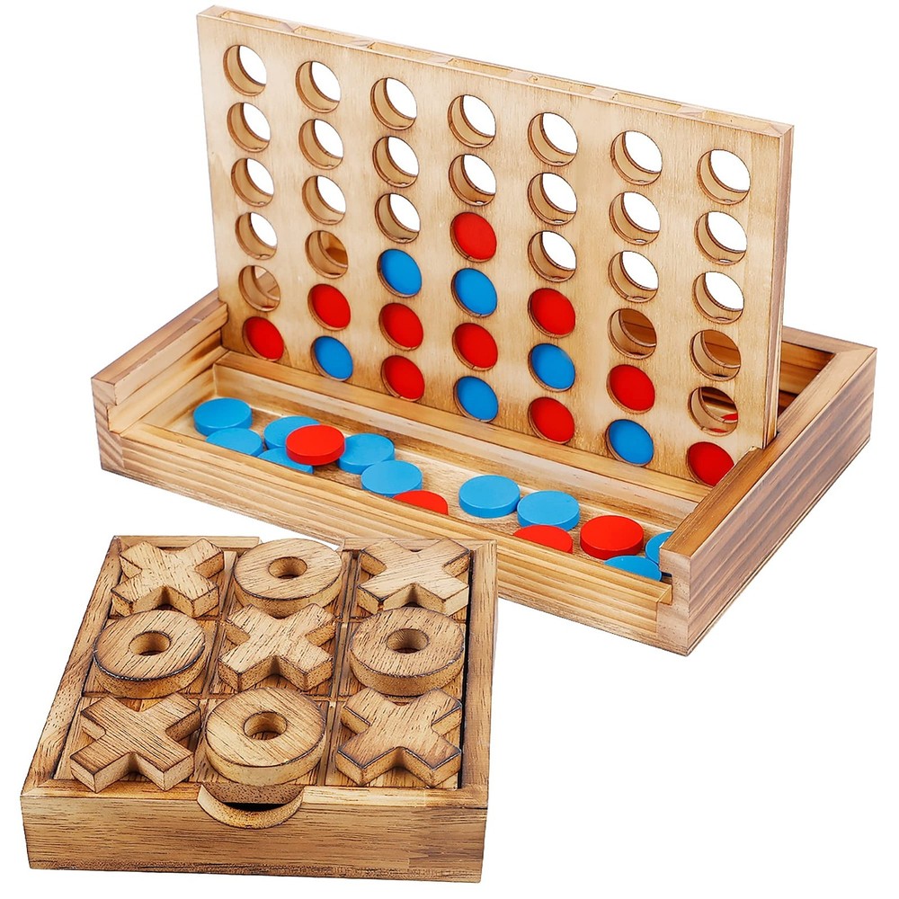 Classic Tic Tac Toe & 4 in a Row Game Set – Rustic Wood Table Decor for Families
