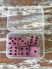 Resin Dice Set 6pcs – Pink Foil Black Dots – Handmade Replacement Dice Games