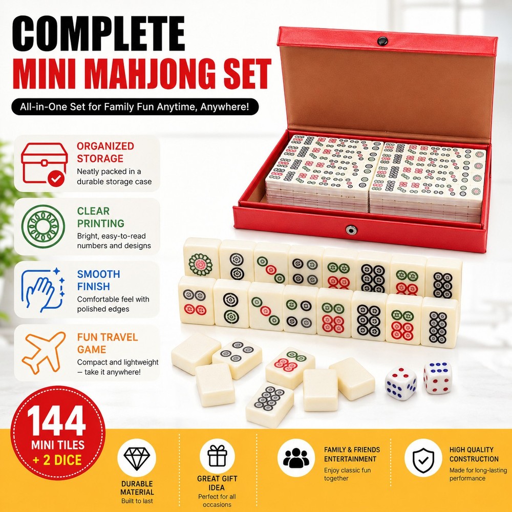 Compact Mini Mahjong Set 144 Tiles 2 Dice Storage Box Portable Family Game Gifts