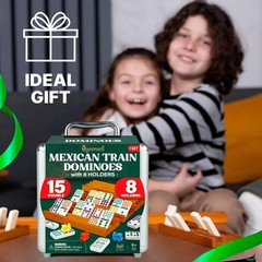 Queensell Mexican Train Dominoes Set Double 15 with 8 Holders – Wooden Hub and T