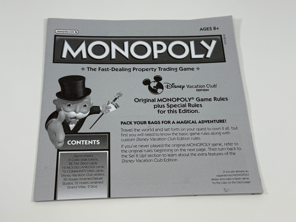 Monopoly Disney Vacation Club Edition Instructions Only