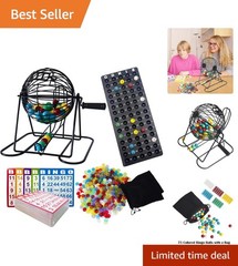 Deluxe Bingo Game Set – Metal Round Cage, 75 Colored Bingo Balls, 100 Bingo C…