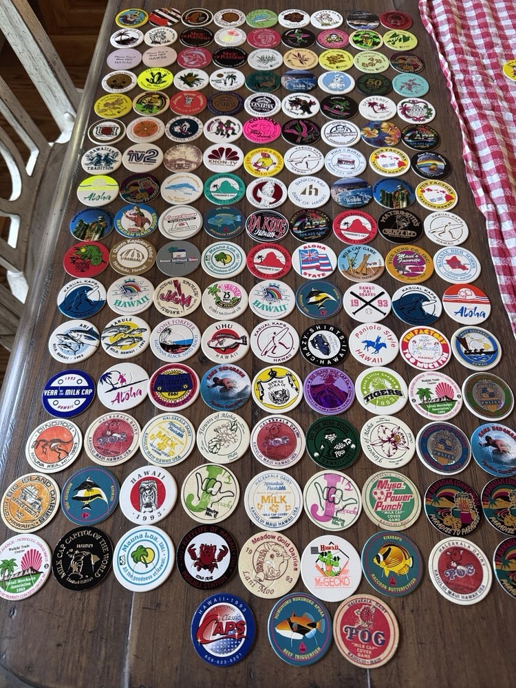 Lot Of 147 Original 90s Pogs All Hawaiian Milk Caps Advertising + W/ Trov Case