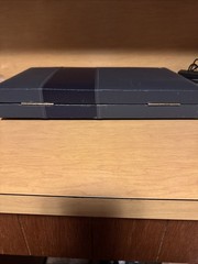 Vintage BACKGAMMON Travel Game Set Navy Blue Faux Leather Folding Case Compact