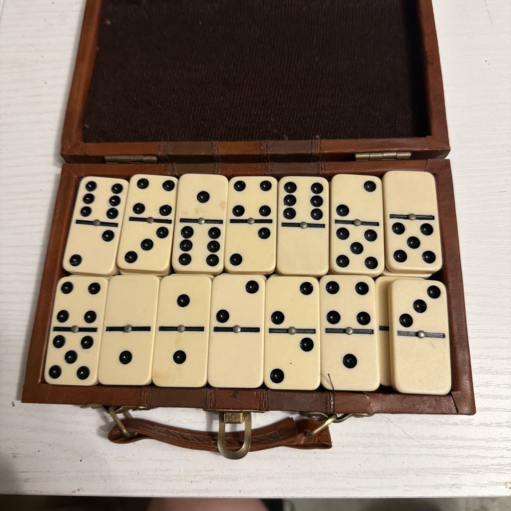 Vintage Domino Set With Brown Leather Case 28 Piece Travel Size Compact