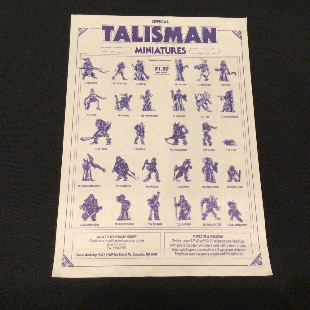 Vintage Talisman Board Game 2nd Edition Official Miniatures Advertisement Sheet