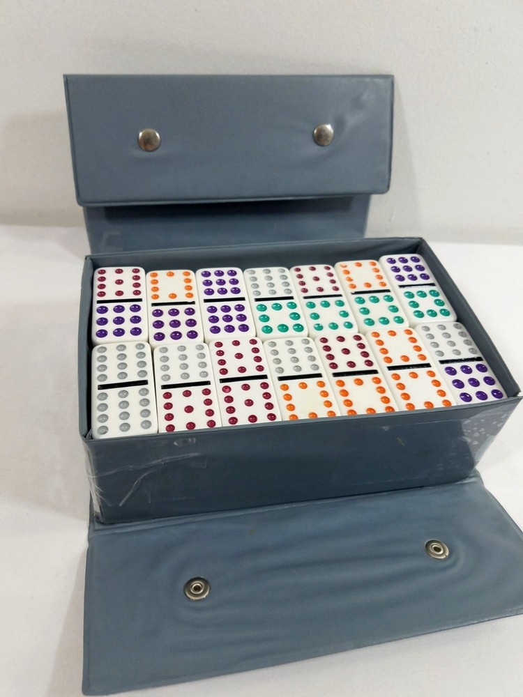 Pavilion Dominoes Double 12 Set 91pc Vtg Snap-Closure Case Multicolored Tiles