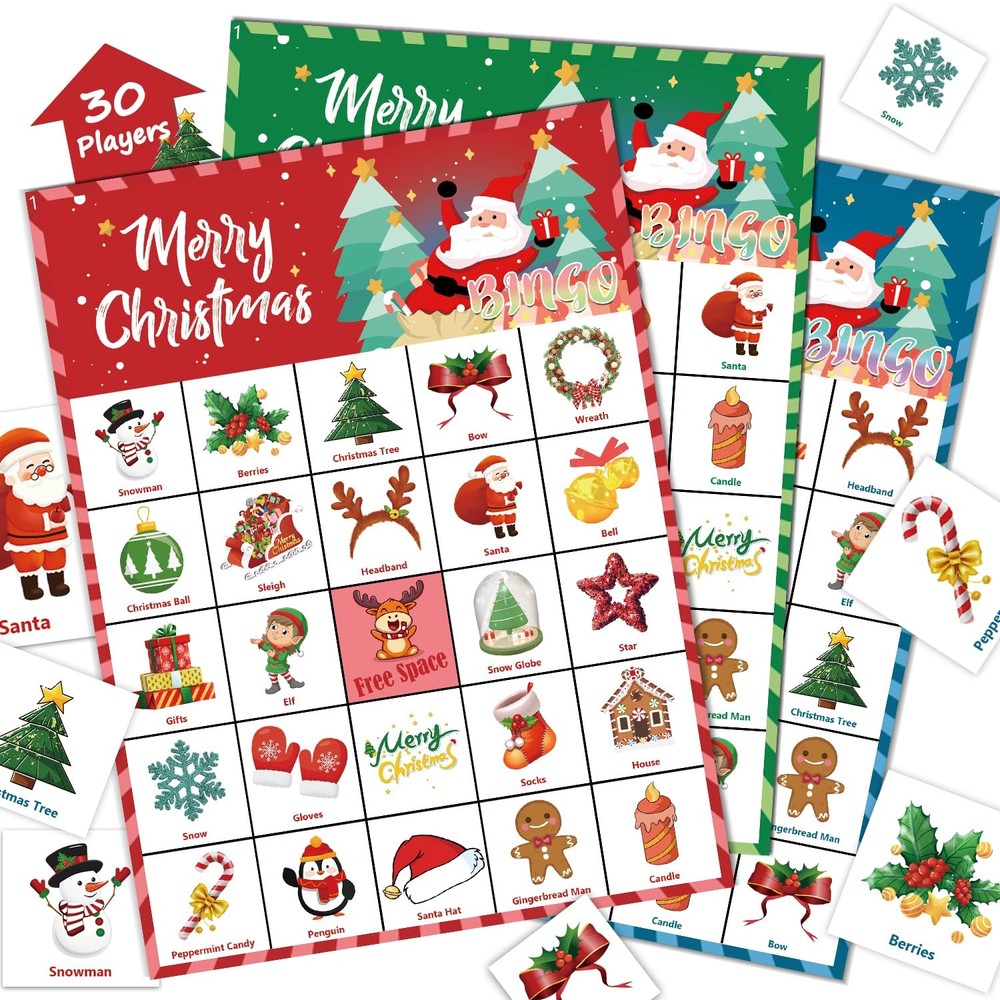 30 Players Christmas Bingo Game Cards for Adults and Kids Indoor Party Games USA