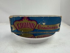 Vtg CROWN Dominoes No. 220 Double 6 Set Original Retro Box Embossing Co – Halsam