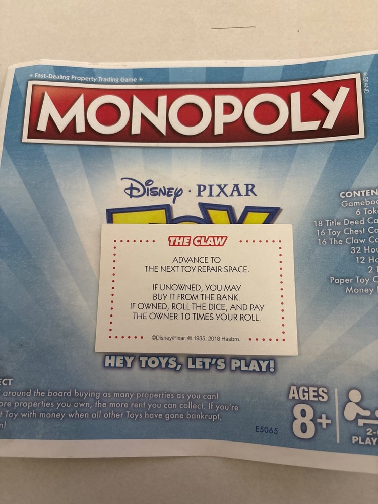2018 Monopoly Toy Story Advance To Next Toy Repair Space Chance Claw Card Game