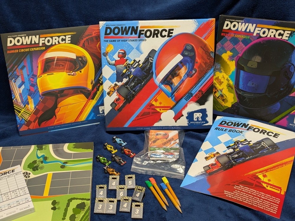 Downforce Racing Board Game with Danger & Wild Ride Expansions COMPLETE