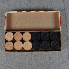 Vintage Wooden Checkers 24 Piece Set Hal Sam Made in USA Embossed Wood Game Box
