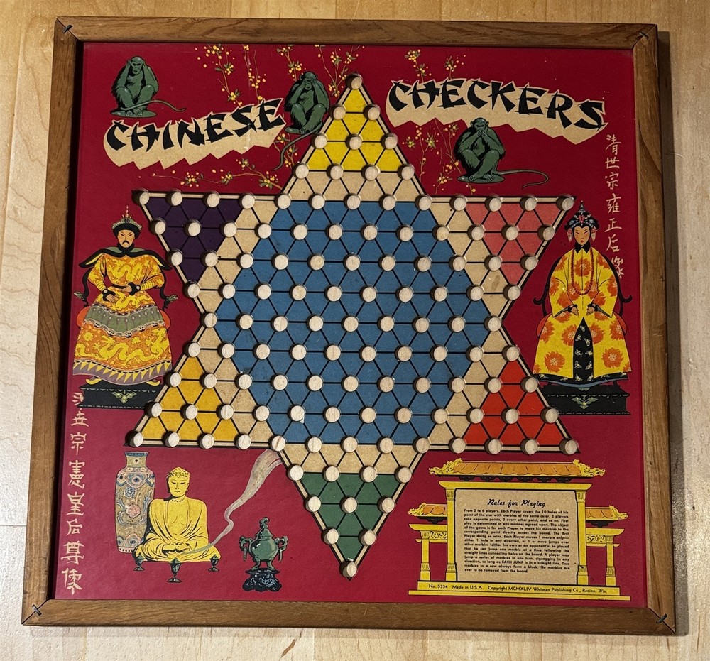 Vintage Whitman #5334 Chinese Checkers Game Board – 1944 – Wood Frame Lithograph