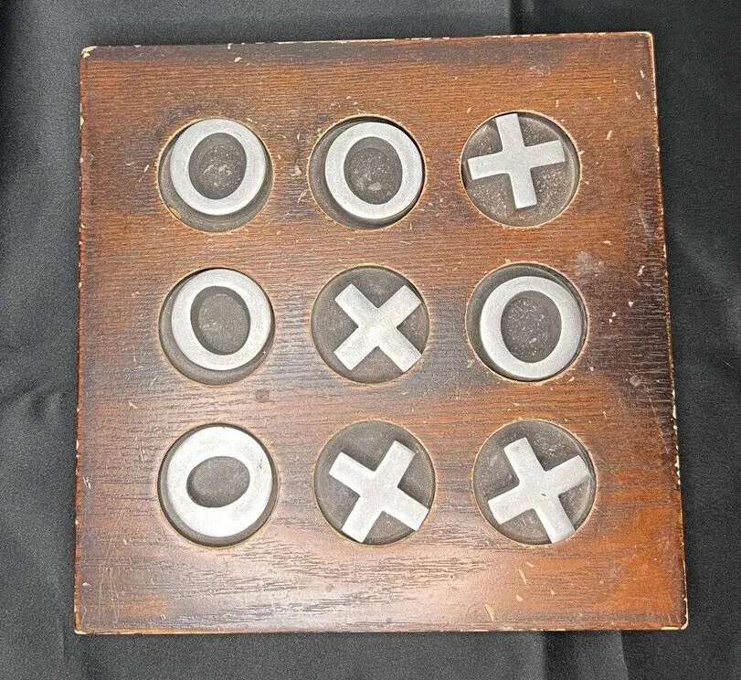 Wooden Tic Tac Toe Classic Heavy Coffee Table Game w/ Metal Pieces 9.5”x9.5”