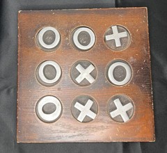 Wooden Tic Tac Toe Classic Heavy Coffee Table Game w/ Metal Pieces 9.5”x9.5”