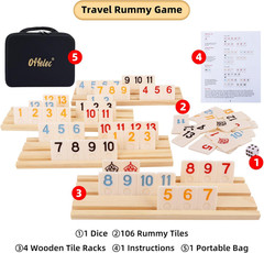 Rummy Cube Game Set 106 Tiles with 4 Wooden Racks Travel Board Game Set Case