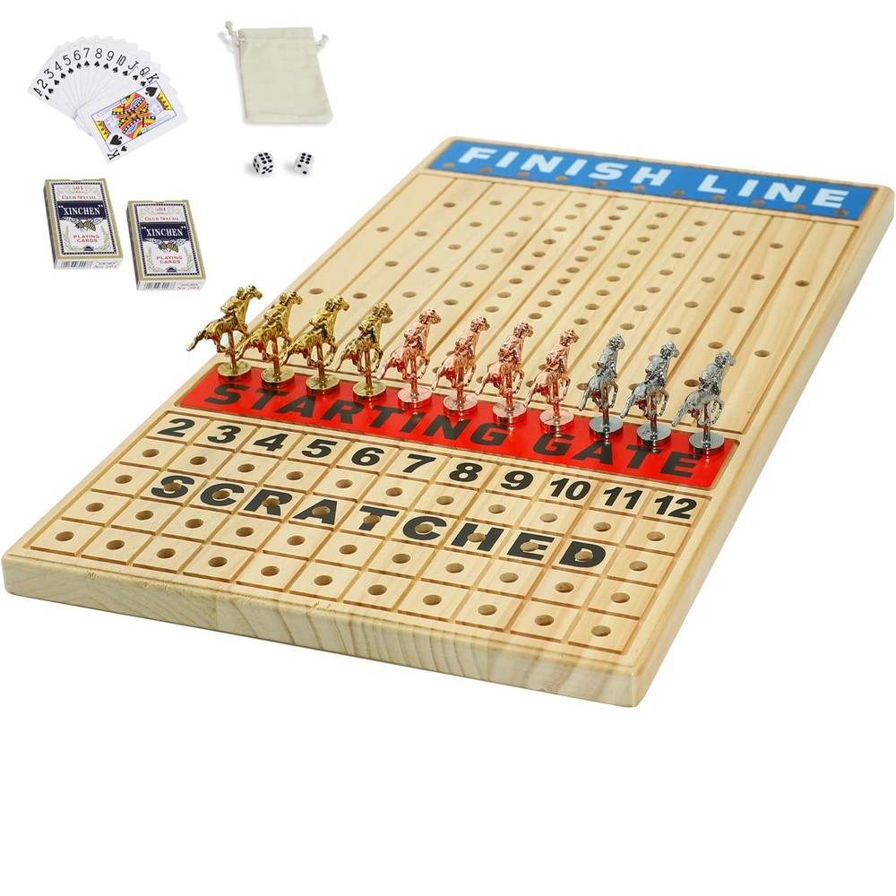 Large 21 inches Horse Racing Board Game with 11 Luxury Metal Horses Thickened Wo