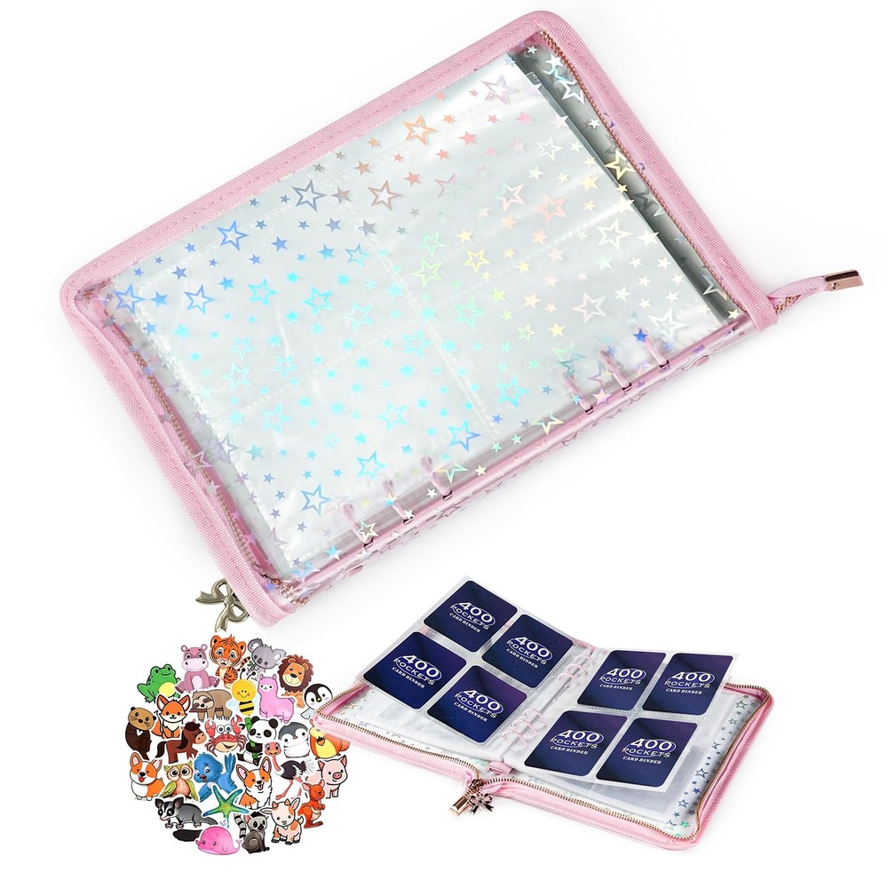 Loiuvos 4 Pocket Card Binder for Girls with 20 Stickers, A5 4-Pocket, A Pink