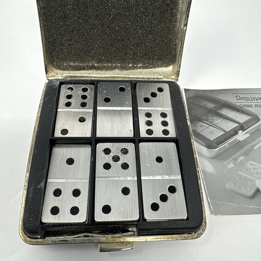 Vintage Travel Pocket Dominoes Set Metal Case Complete w/ Rules Compact Game