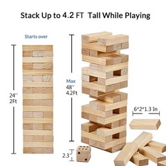 Giant Tumble Tower (Stack from 2Ft to Over 4.2Ft), 54 PCS Pine Wooden Stackin…