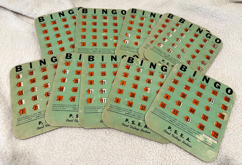 PSEA Bingo Cards – Vintage – Cardboard – Orange Windows – Set of 10
