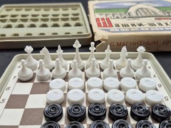 Vintage USSR Magnetic Travel Chess & Checkers Set 2in1 Soviet Board Game