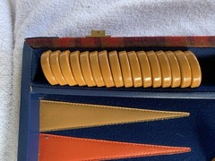 Vintage Wooden Backgammon Game Red, Blue, Gold Multicolored Complete Has All Pcs