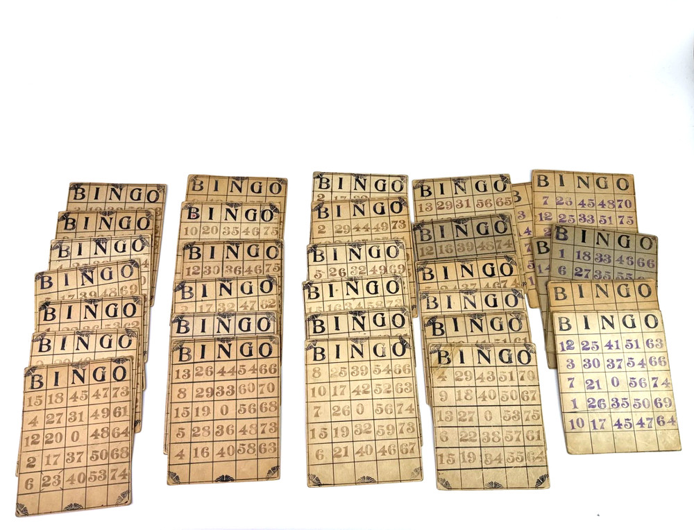 Vintage Qty 33 BINGO Hand Made Custom Cardboard Heavy Stock Cards UNIQUE!