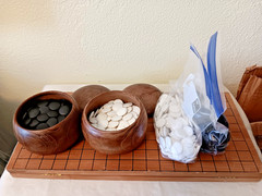 Vintage Go Game Set, Real Traditional Seashell and Slate Pieces, folding Used.