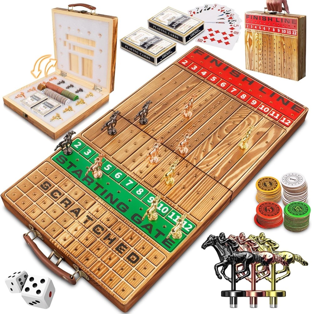 Horse Racing Game, Foldable Solid Wood Horse Games, Horse Race Board Game with 1