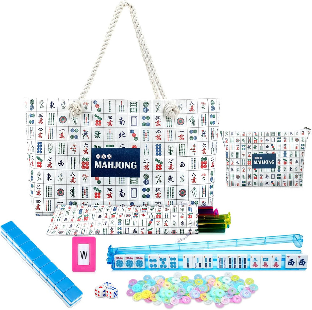 American Mahjong Tile Set, 166 Blue Tiles, 4 All-In-One Rack/Pushers, Complete W