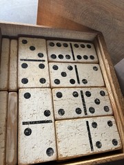 Vintage Double Six Dominoes Set of 28. Hand Made. Well Used. Wood 5.5×2.75x.75