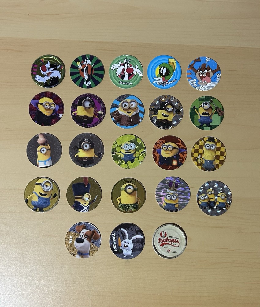 Lot of 23 Tazos Pogs Looney Toons Minions Pets Simpsons Sabritas