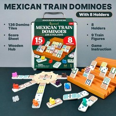 Queensell Mexican Train Dominoes Set Double 15 with 8 Holders – Wooden Hub and T