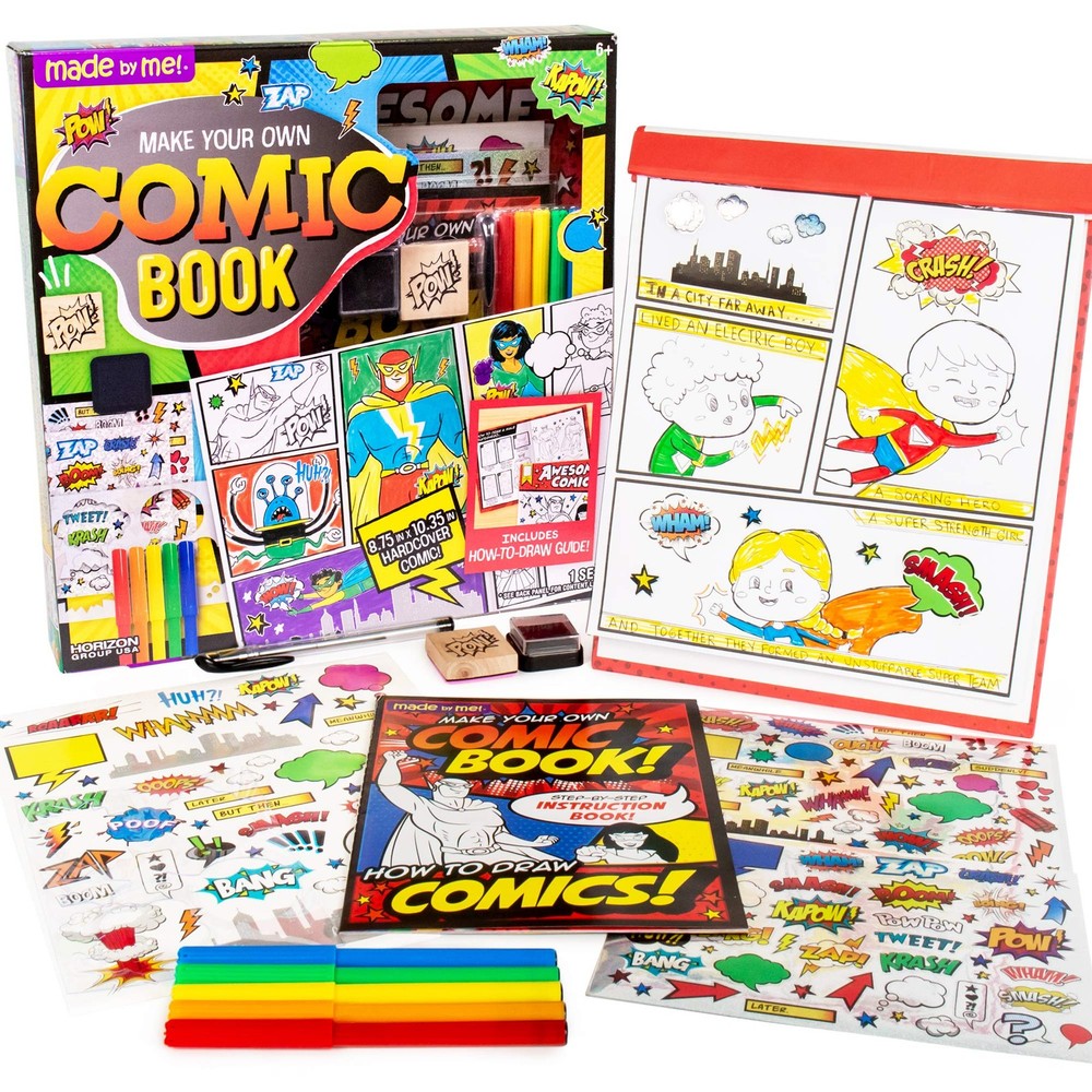 Comic Book Kit Kids 15 Page Hardcover Drawing Guide Stickers Markers Make How-to