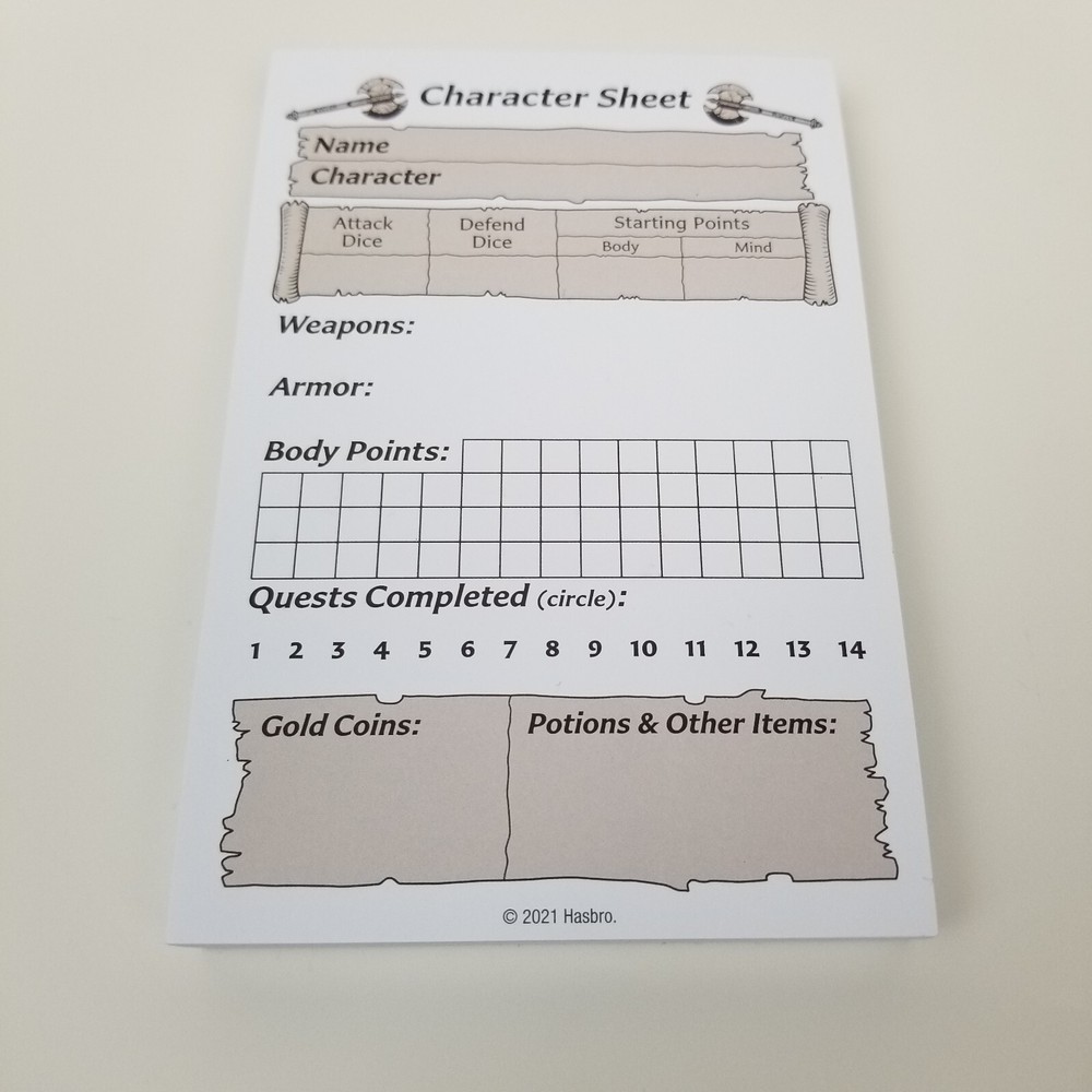 HeroQuest Character Sheet Pad Avalon Hill/Hasbro 2021 NEW Quest