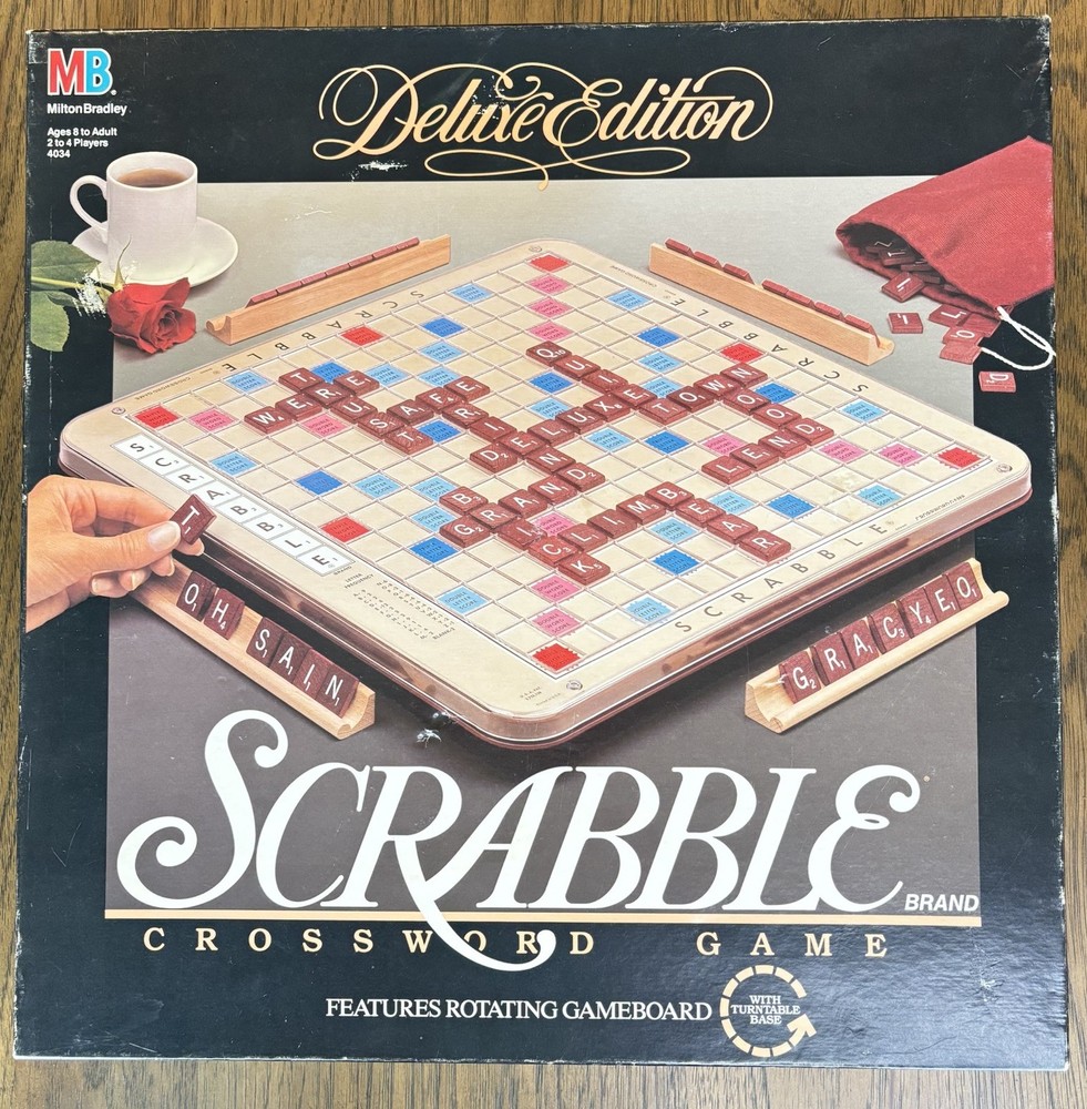 1989 Scrabble Deluxe Edition 100% COMPLETE Rotating Turntable Board Game MB 4034