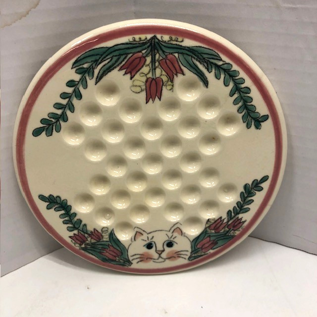 Vintage Ceramic Solitaire Marble Board Game Hand Painted Cat & Flowers Design